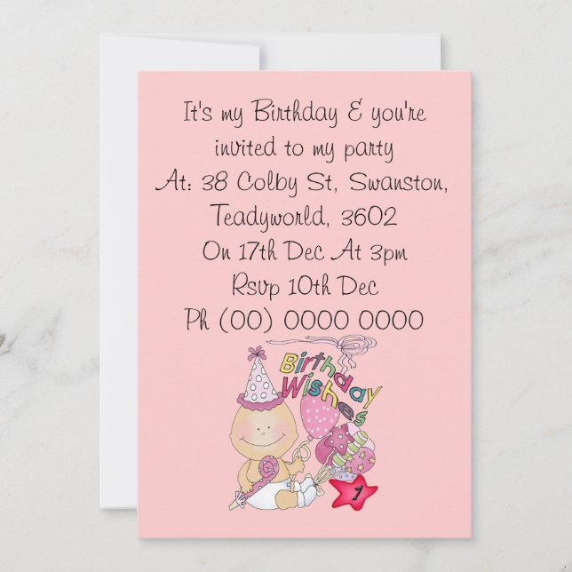 Happy Birthday Girl wishes 1 Year Old Invitation (Front)