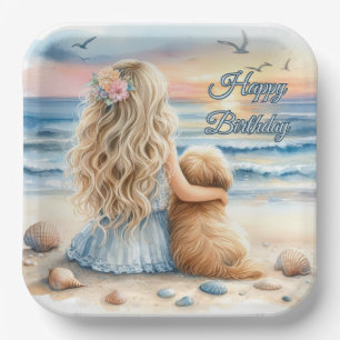 Happy Birthday Girl with Puppy on the Beach Paper Plate