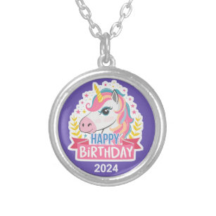 Happy Birthday Girls Bday Unicorn Custom Name Text Silver Plated Necklace