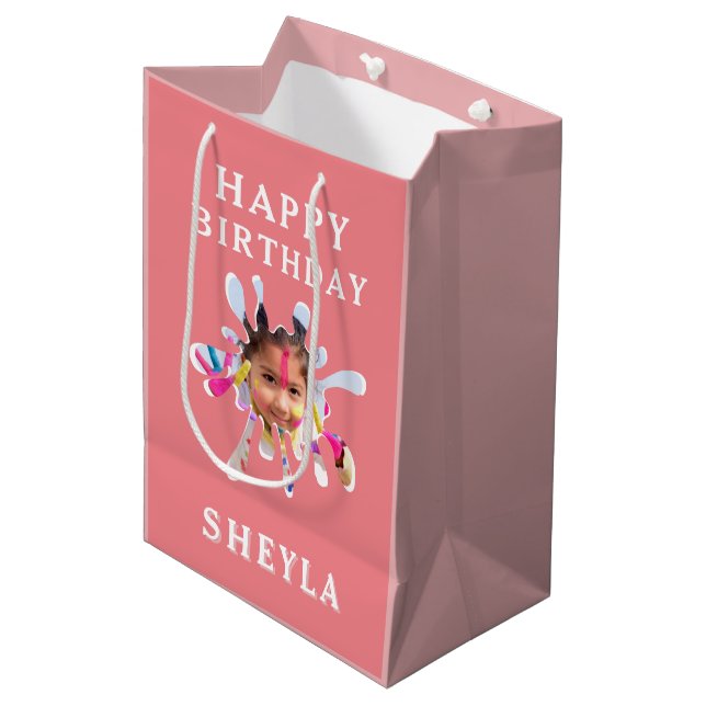 Happy Birthday Girly Colour Splash Kid`s Photo Medium Gift Bag (Front Angled)