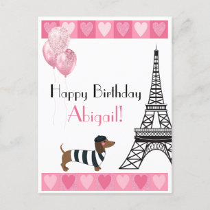 Happy Birthday Glitter Pink Heart Eiffel Tower Dog Postcard