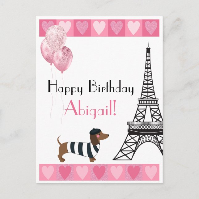 Happy Birthday Glitter Pink Heart Eiffel Tower Dog Postcard (Front)