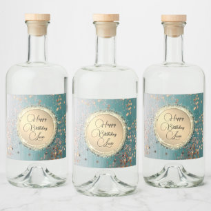 Happy Birthday Glittery Stardust on Blue Teal   Liquor Bottle Label