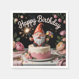 Happy Birthday Gnome Figurine on a Cake Napkin