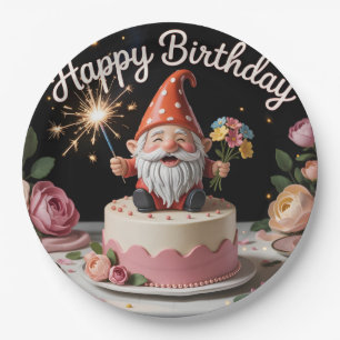 Happy Birthday Gnome Figurine on a Cake Paper Plate