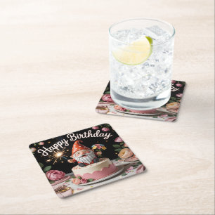 Happy Birthday Gnome Figurine on a Cake Square Paper Coaster