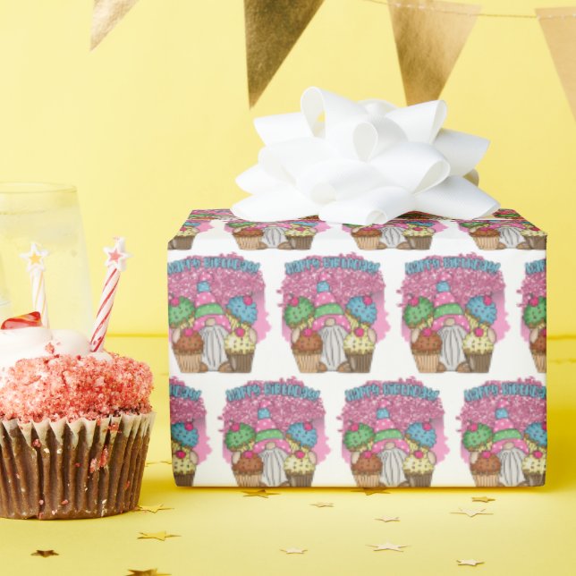 Happy Birthday gnome girls tiled party Wrapping Paper (Birthday Party)