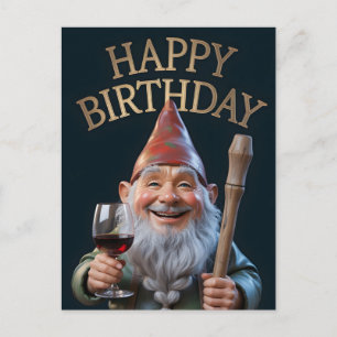 "Happy Birthday" Gnome Toasting with Red Wine Postcard