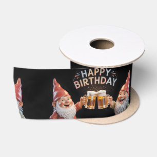 "Happy Birthday" Gnomes Toasting Beer Mugs Satin Ribbon