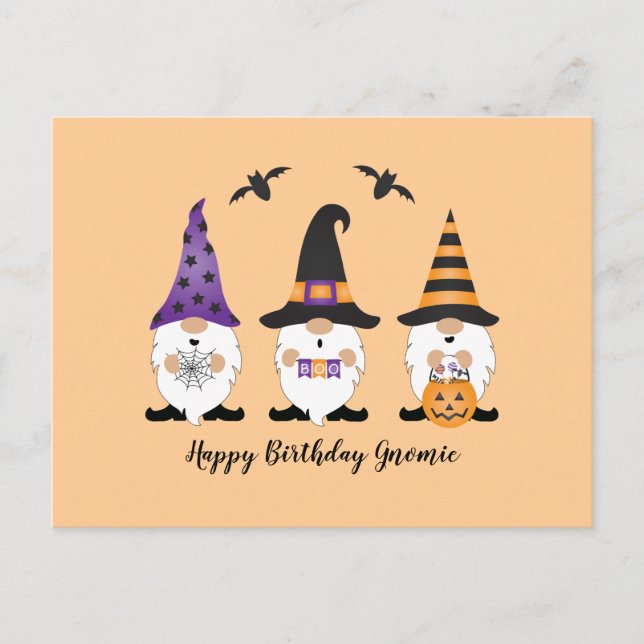 Happy Birthday Gnomie Halloween Purple Orange Postcard (Front)