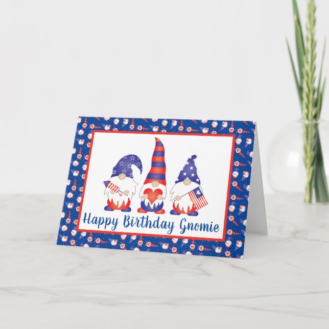 Happy Birthday Gnomie Red White Blue  Card (Front)