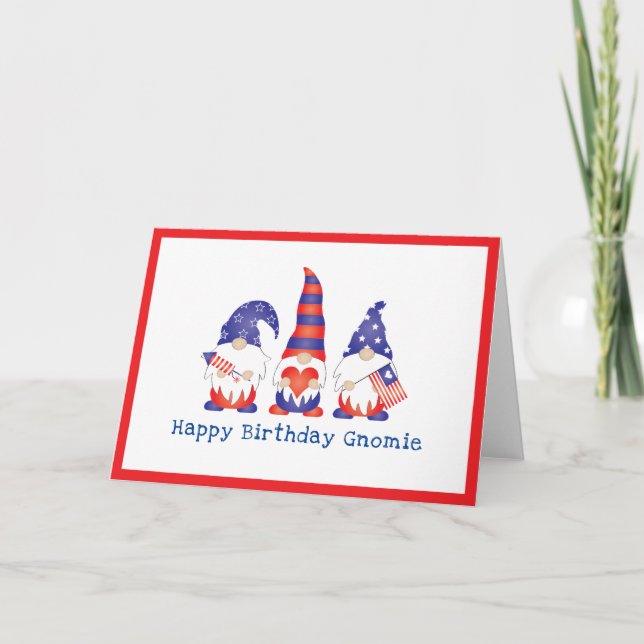 Happy Birthday Gnomie Red White Blue  Card (Front)