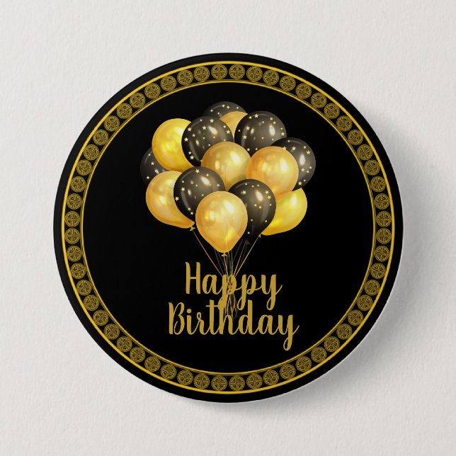 Happy Birthday, gold and black, 3 Inch Round Button (Front)