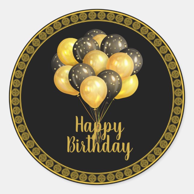 Happy Birthday, gold and black,  Classic Round Sticker (Front)