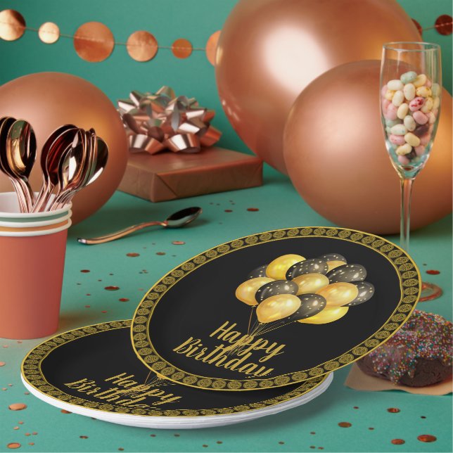 Happy Birthday, gold and black,  Paper Plate (Multi)