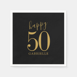 Happy Birthday Gold Black Custom Age Name Napkin