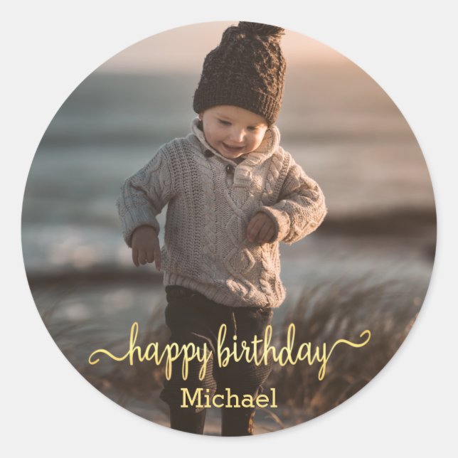 happy birthday gold calligraphy photo classic round sticker (Front)