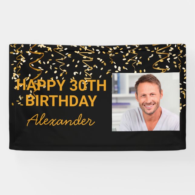 Happy Birthday Gold Confetti Photo Any Year Custom Banner (Horizontal)