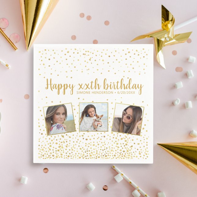 Happy Birthday Gold Glitter Photos Any Year Custom Napkin (Creator Uploaded)