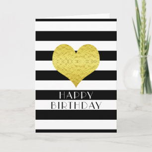 Happy Birthday Gold Heart Black White Stripes Card
