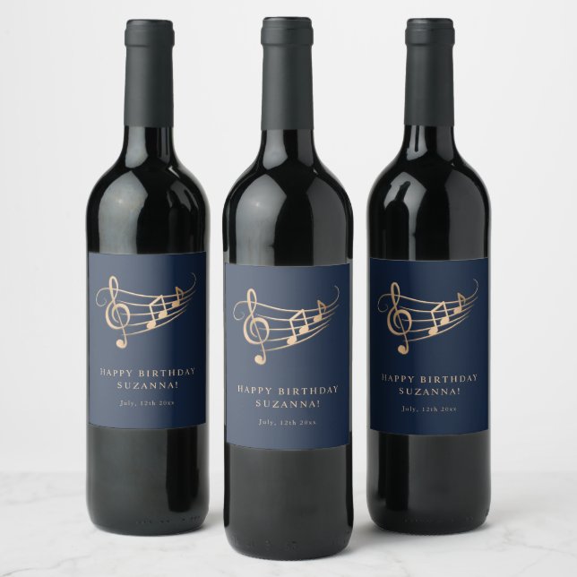 Happy Birthday Gold Music Notes Elegant Wine Label (Bottles)