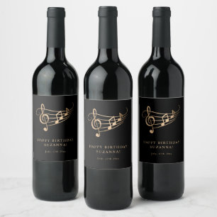 Happy Birthday Gold Music Notes Elegant Wine Label