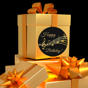 Happy Birthday gold music notes on elegant black Classic Round Sticker