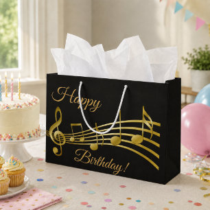 Happy Birthday gold music notes on elegant black Large Gift Bag