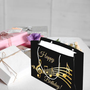 Happy Birthday gold music notes on elegant black Large Gift Bag