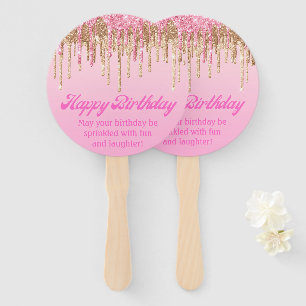 happy birthday gold pink glitters retro script hand fan