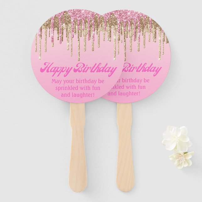 happy birthday gold pink glitters retro script hand fan (Front and Back)