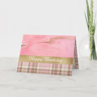 Happy Birthday Gold Pink Plaid Abstract Watercolor