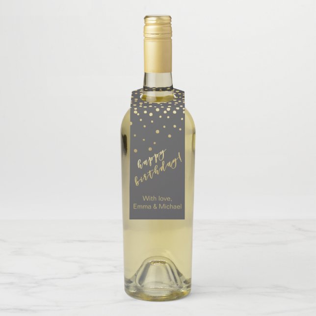 Happy Birthday - Gold Script & Confetti Bottle Tag (On Bottle)