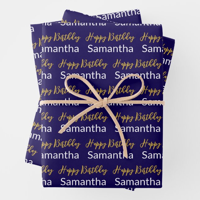 Happy Birthday Gold Script Dark Blue White Name Wrapping Paper Sheet (In situ)