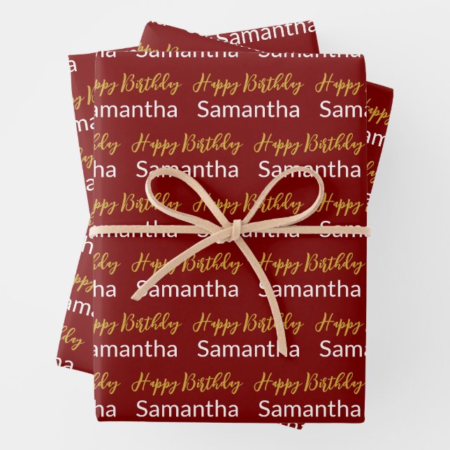 Happy Birthday Gold Script Dark Red and White Name Wrapping Paper Sheet (In situ)