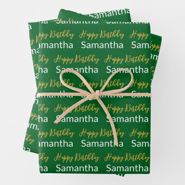Happy Birthday Gold Script Forest Green White Name Wrapping Paper Sheet (In situ)