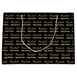 Happy Birthday Gold Script Name Black and White Large Gift Bag