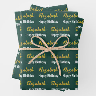 Happy Birthday Gold Script Name Deep Green Wrapping Paper Sheet