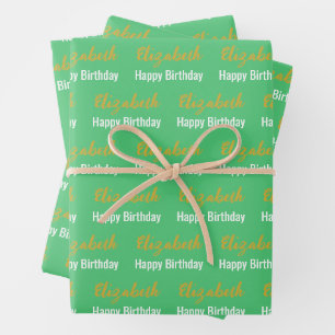 Happy Birthday Gold Script Name Emerald Green Wrapping Paper Sheet