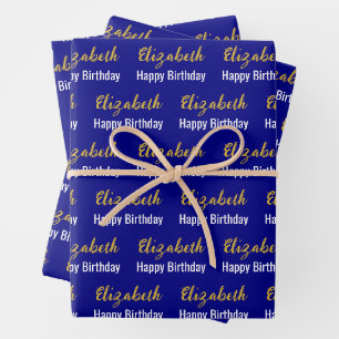 Happy Birthday Gold Script Name Navy Blue & White Wrapping Paper Sheet