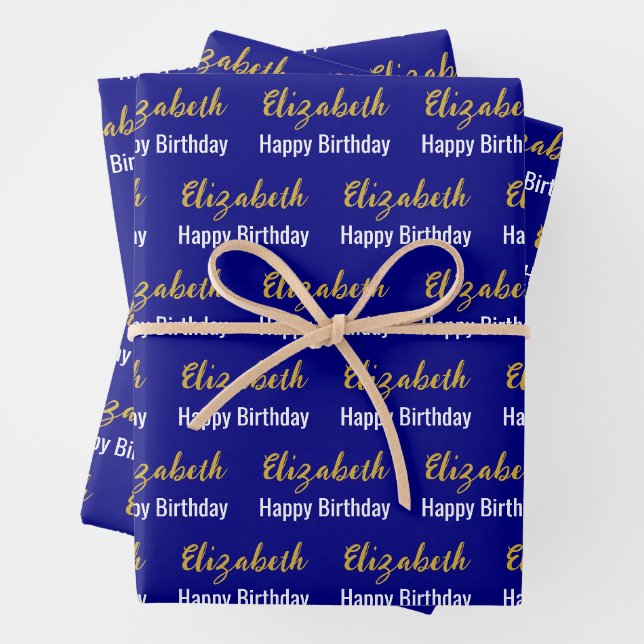 Happy Birthday Gold Script Name Navy Blue & White Wrapping Paper Sheet (In situ)