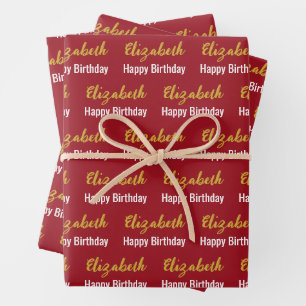Happy Birthday Gold Script Name Ruby Red Wrapping Paper Sheet