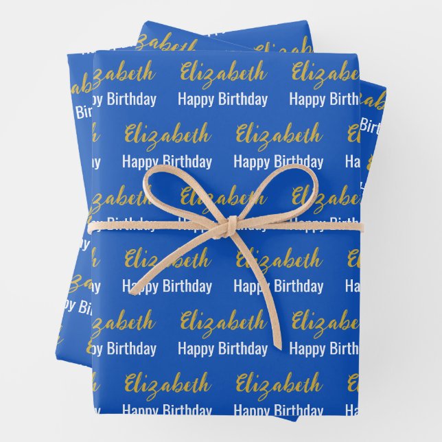 Happy Birthday Gold Script Name Sapphire Blue Wrapping Paper Sheet (In situ)