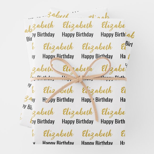 Happy Birthday Gold Script Name White and Black Wrapping Paper Sheet (In situ)