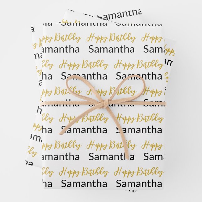 Happy Birthday Gold Script White Black Name Wrapping Paper Sheet (In situ)