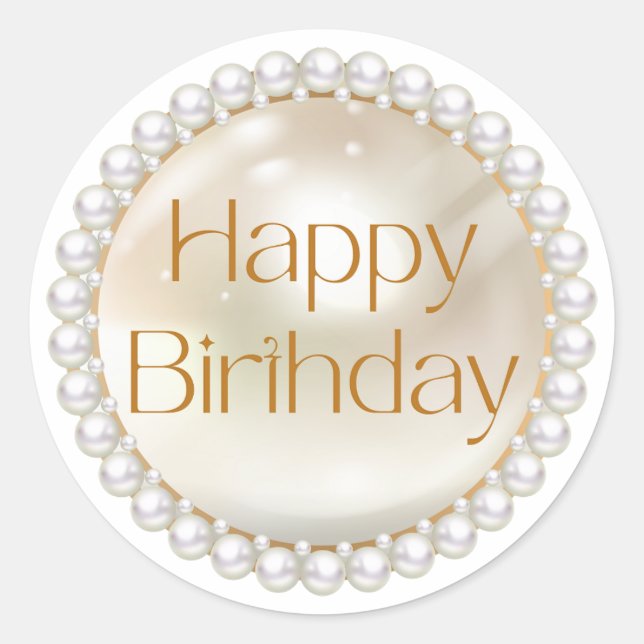 happy birthday gold script white pearls classic round sticker (Front)