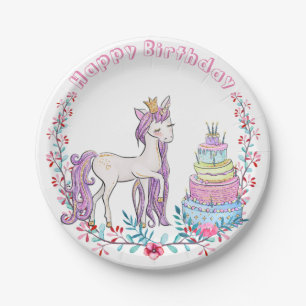 Happy Birthday Gold Unicorn Watercolor Flowers Paper Plate