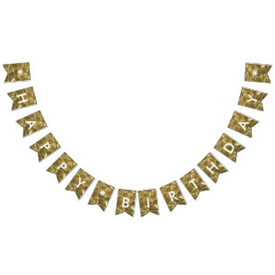 Happy Birthday Gold White Shiny Glitter Party Bunting Flags