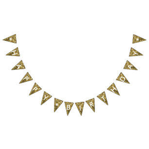 Happy Birthday Gold White Shiny Glitter Party Bunting Flags