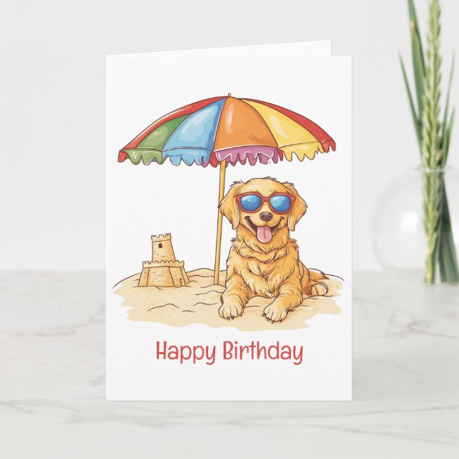 Happy Birthday Golden Retriever Beach Dog Card (Front)
